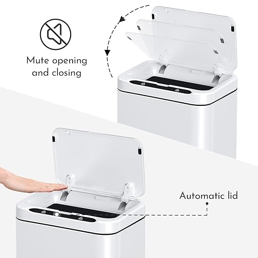 ELPHECO Stainless Steel Office Trash Can Motion Sensor Garbage Can Touchless Smart Trash Can Automatic Waste Bin for Kitchen, Office, Bathroom (White, 6.6 Gallons), 2AA