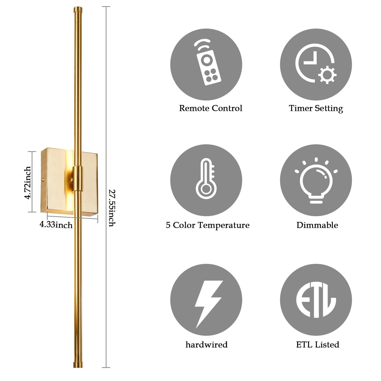 Goosebrite LED Wall Sconce with Remote Control, Dimmable, Timer, 27.55 Inch, Gold, Iron, 5 Colors 3000K-6500K