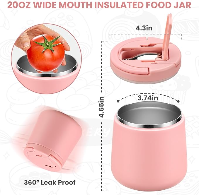 Kids Thermo for Hot Food 20oz Lunch Containers with Buckle Lid Wide Mouth Hot Food Jar Vacuum Insulated Stainless Steel Bento Box Leakproof with Spoon(Pink)