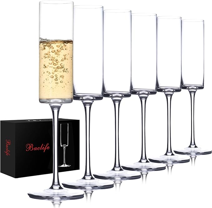 BACLIFE Crystal Champagne Flutes Set of 6 - Hand Blown Champagne Glasses With Long Stem - 6.5 oz Elegant Sparkling Wine St...