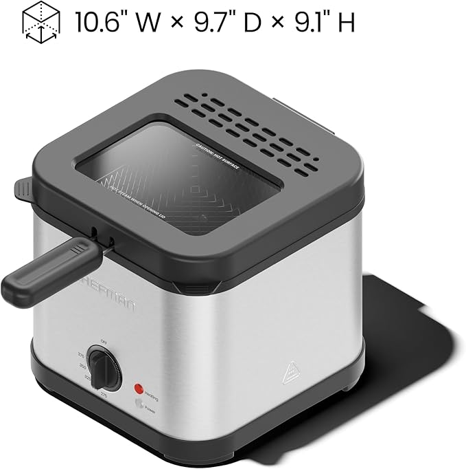 Chefman Fry Guy 2.5 Quart / 10 Cup Deep Fryer with Wire Basket, Hinged Lid with Viewing Window, Adjustable Temperature, Perfect for Fried Chicken, Shrimp, French Fries, & Chips – Stainless Steel