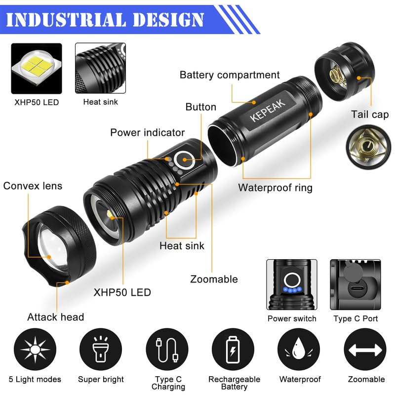 KEPEAK Rechargeable LED Flashlight, High Lumens, Zoomable, 5 Modes, Waterproof, Black, Model Yitiflashlight, 1 pcs
