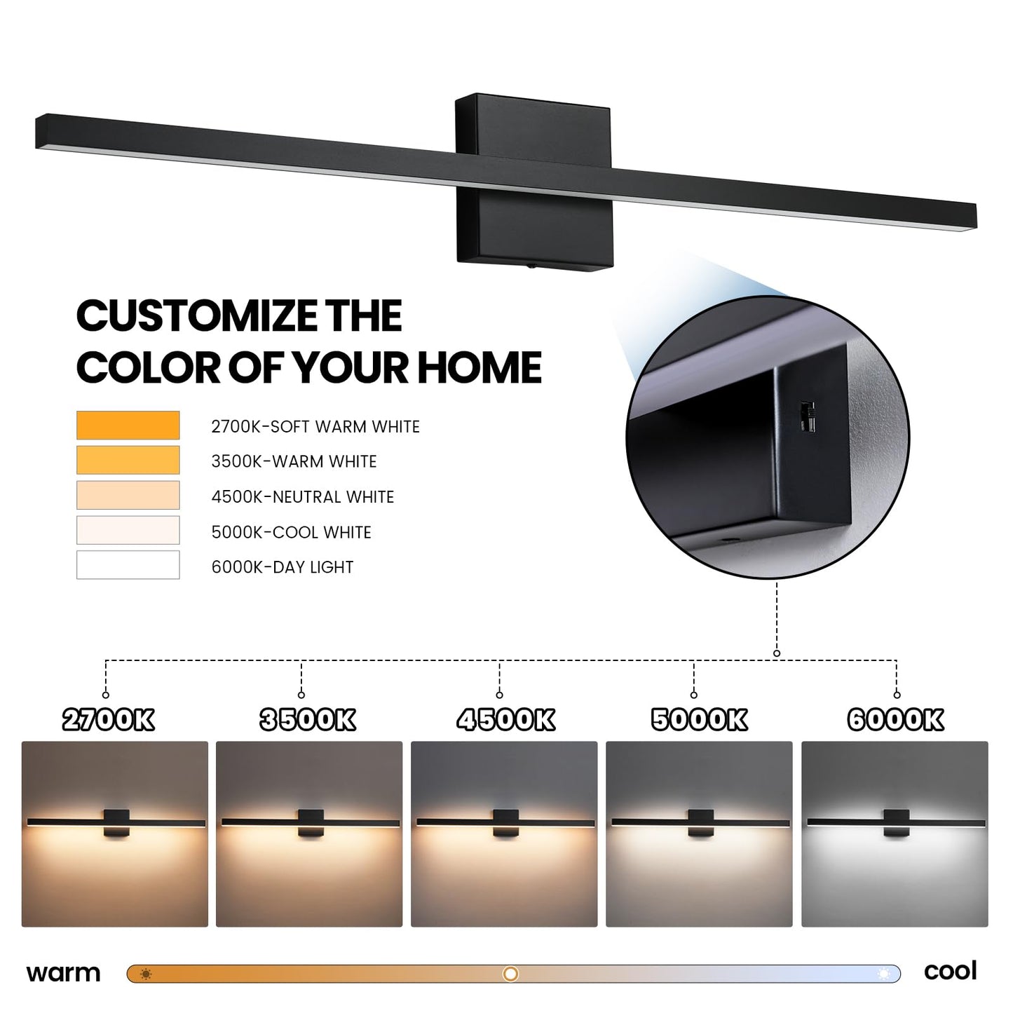 Epinl Black Vanity Light Fixtures For Bathroom - 23.6 Inch Dimmable Modern Bathroom Light Fixture Over Mirror 5Cct Adjustable Wall Sconce Lighting Fixture Led Vanity Lights Bar