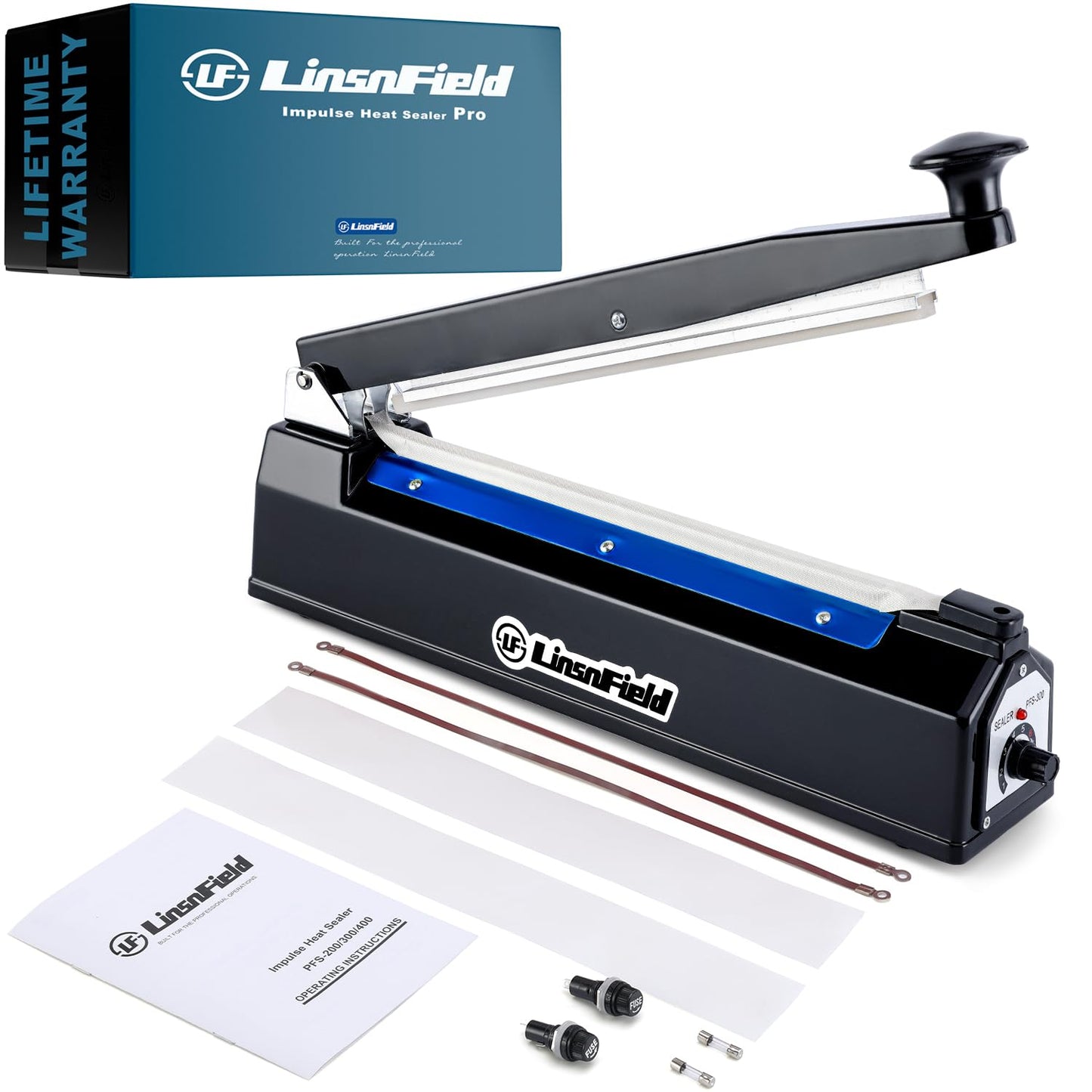 LinsnField Sealer Pro, Patented 12inch Impulse Heat Bag Sealer, 7mm Sealing Width Poly Bag Seal Machine, 2 Replacement Kits 1 Extra Fuse Included, Black