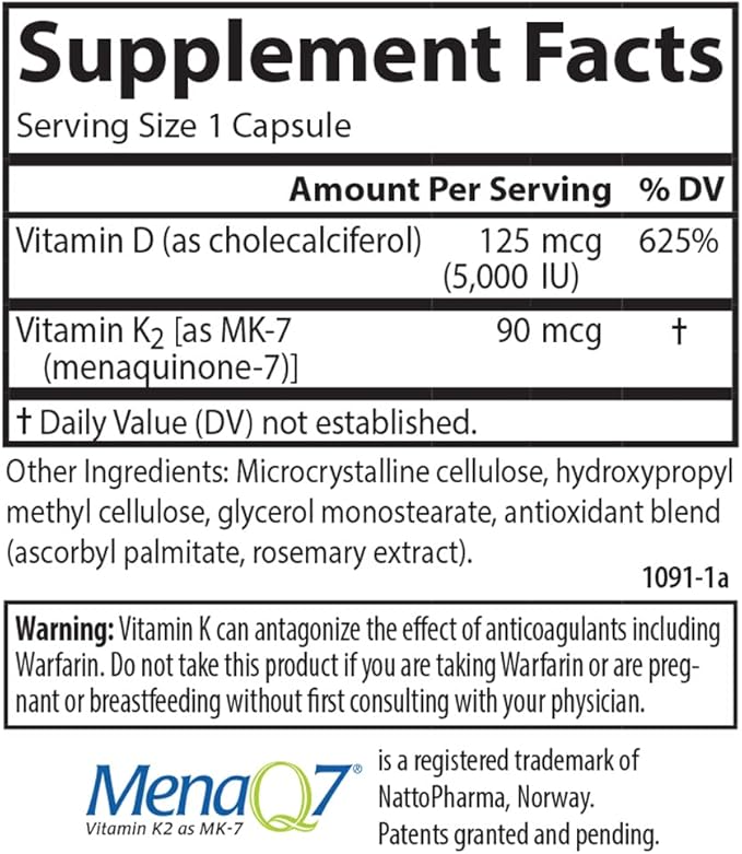 Carlson - Super D3 + K2, 125 mcg (5000 IU) Vitamin D3, 90 mcg Vitamin K2 as MK-7, Bone Support, Calcium Absorption, 45 Vegetarian Capsules