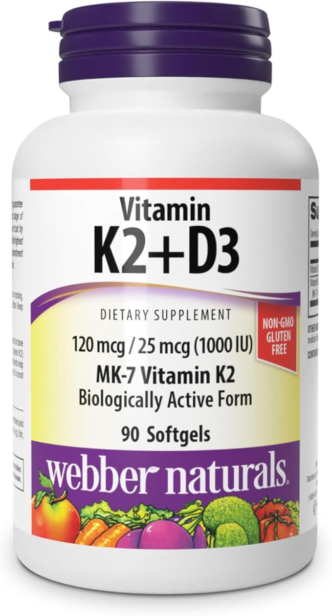 Webber Naturals Vitamin K2 MK-7 (120 mcg) with Vitamin D3 (1,000 IU), 90 Softgels, Supports Bones, Teeth, and Cardiovascular System, Vitamin Supplement, Gluten Free and Non-GMO