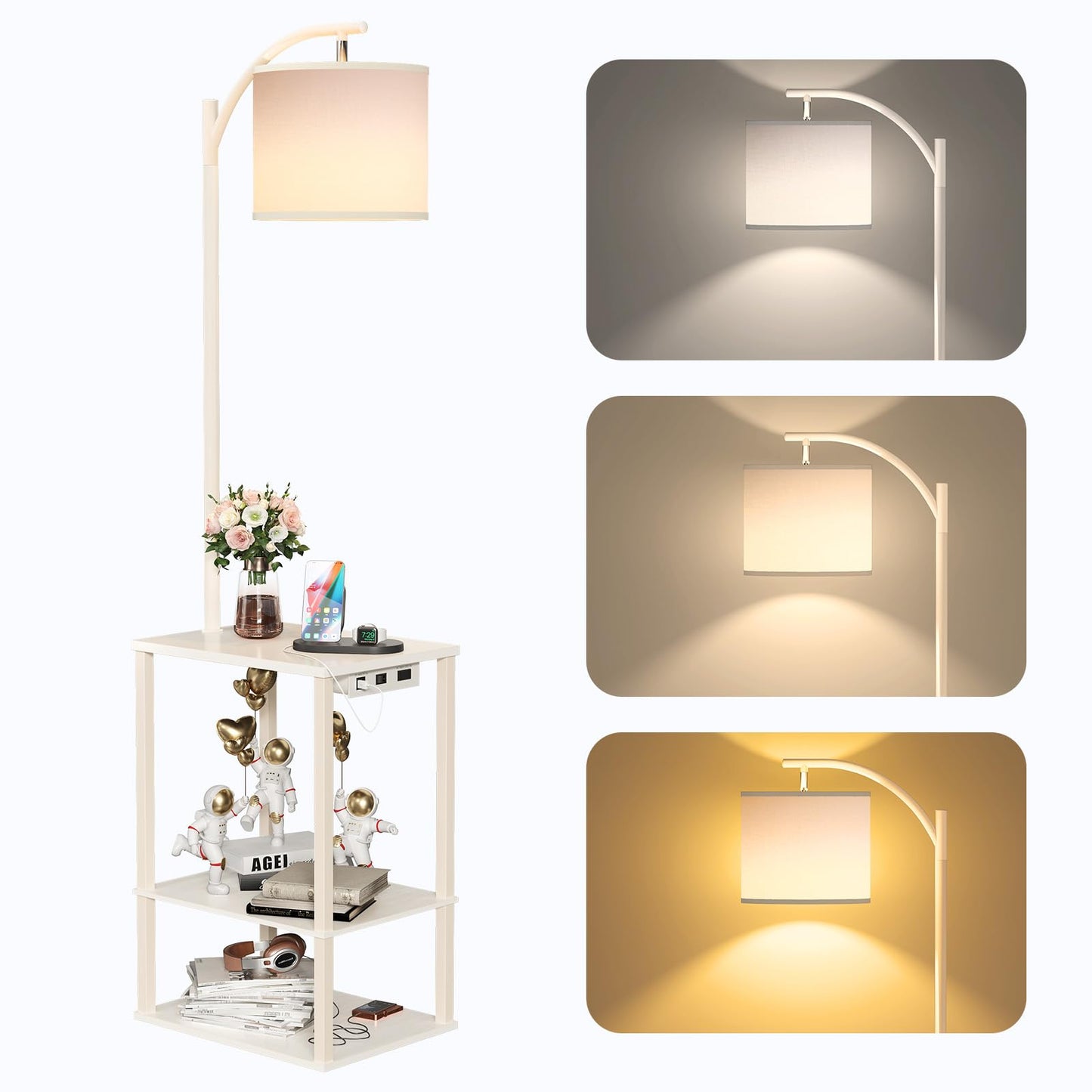 SUNMORY Floor Lamp with Table, USB & AC Charging, 15.75inx11.81inx59.06in, Pure White, Model PFL-012A