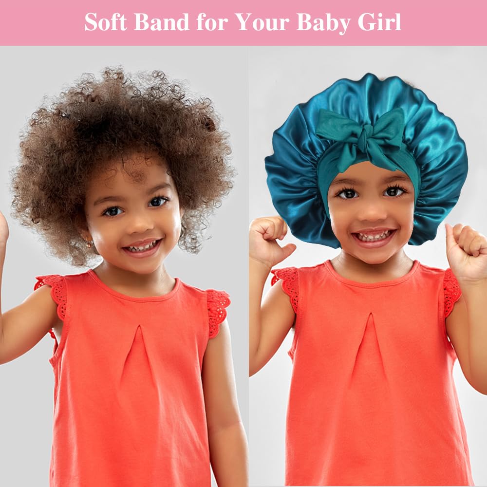 2+2 Satin Bonnets with Scrunchies for Kids, Cute Hair Bonnets for Girls Sleeping Curly Hair, B
