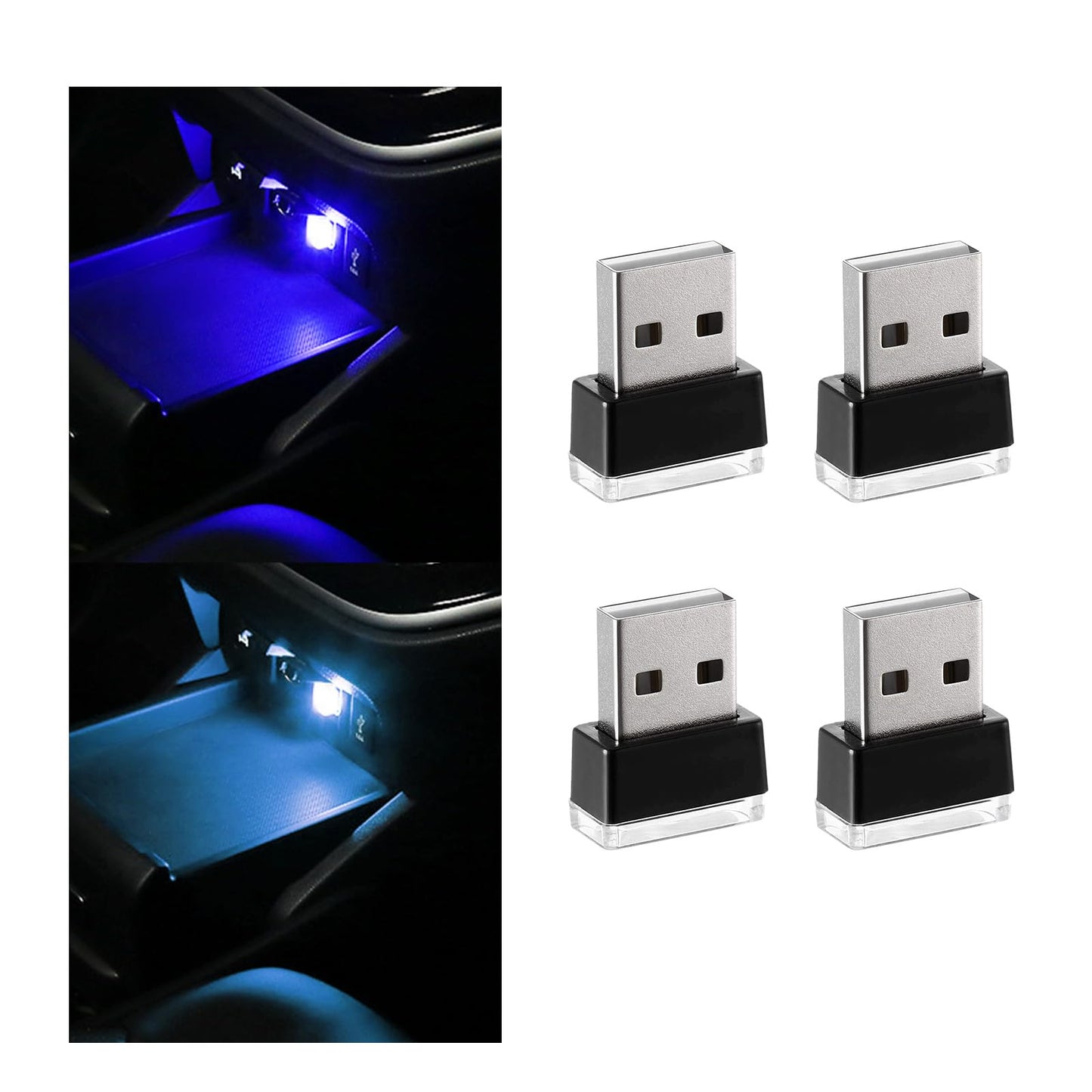 Sylvil 4 Pcs Usb Led Car Interior Atmosphere Lamp  Portable Mini Led Night Light  Plug-In Usb Interface Trunk Ambient Lighting Kit  Universal Interior Car Accessories (2 Blue+2 Ice Blue)