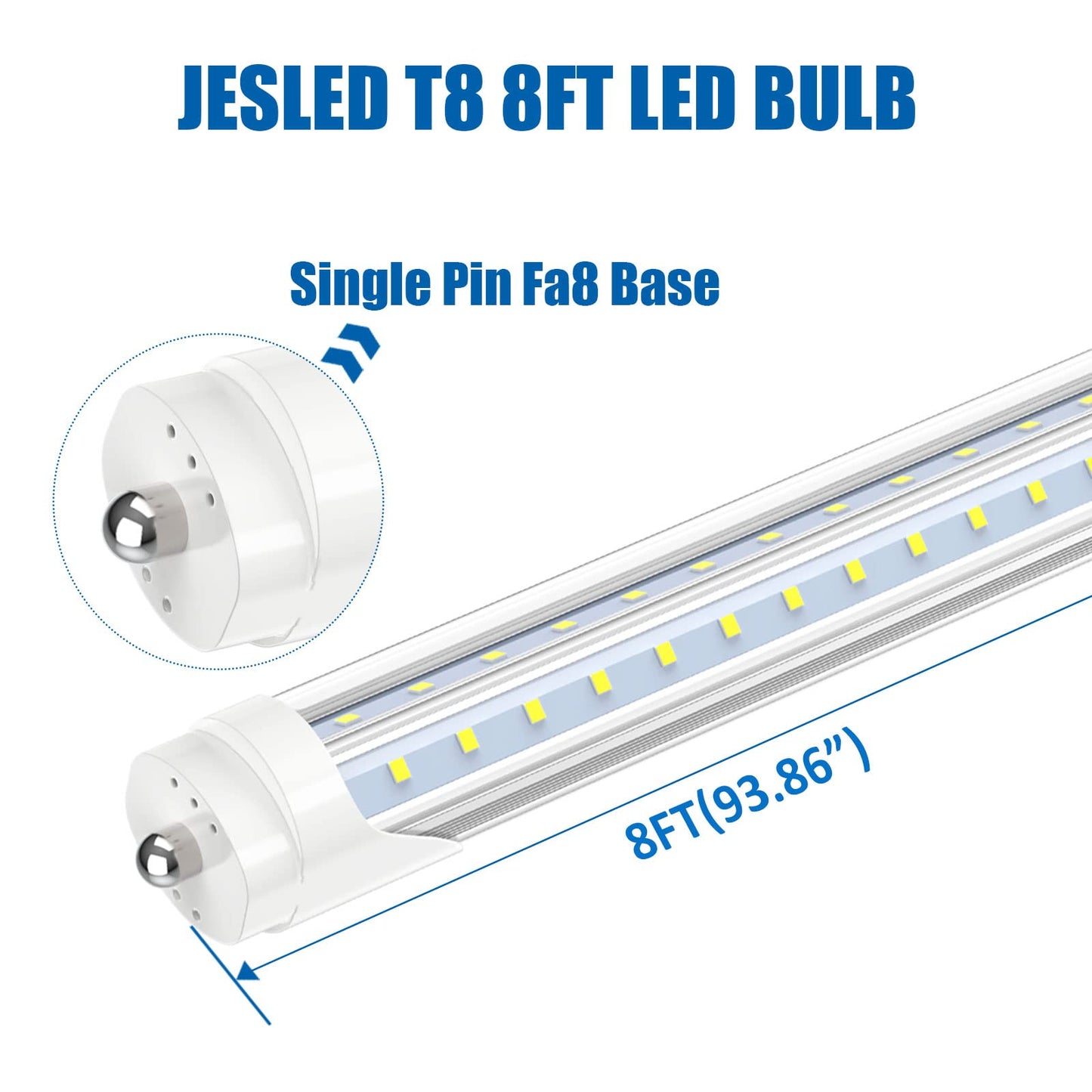 JESLED T8 T10 T12 LED Light Bulbs, 8FT, 50W, 6000LM, Ballast Bypass, V Shape, 5000K, Aluminum