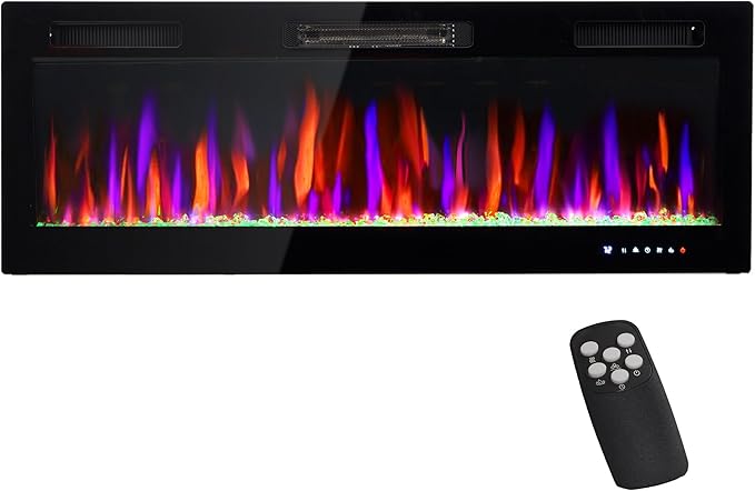 HOMCOM 50" Electric Fireplace Recessed and Wall Mounted with Remote, 750W/ 1500W Ultra-Thin Fireplace Heater and Linear Fireplace with Timer, 12 Color Flame Effect, Crystal, Black