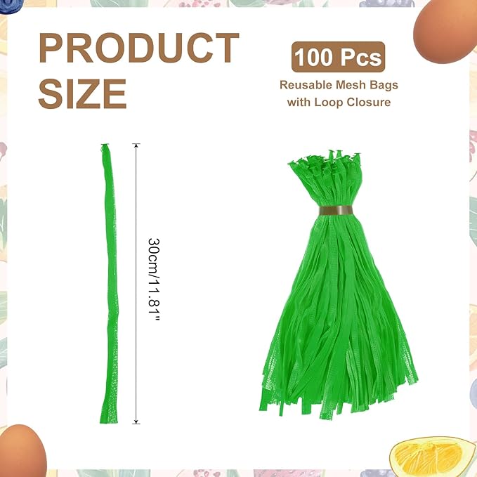 uxcell 100Pcs Reusable Produce Mesh Bags, 30cm Mesh Nylon Netting with Loop-Style Closures, Stretchable Egg Hatching Bags for Fruit Vegetable Storage, Green