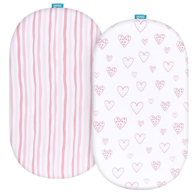 Bassinet Sheets Compatible with Fisher-Price Soothing Motions/Luminate Bassinet and Chicco LullaGo Anywhere Portable Bassinet, 2 Pack, 100% Jersey Knit Cotton Fitted Sheets, Pink Print for Baby Girl