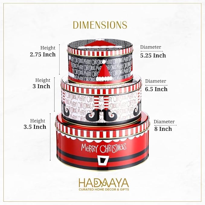 Pack of 6 Round Christmas Cookie Tins with Lids for Gift Giving, Metal Holiday Storage Container, Merry Christmas HAT ELF Design, Perfect Christmas Tins for Gifting