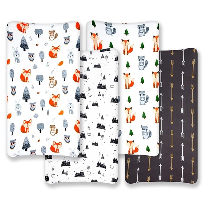 4 Pack Changing Pad Covers Woodland Forest Animals Wood Neutral Unisex Fitted Baby Changing Pad Cover Set for Baby Boys or Girls
