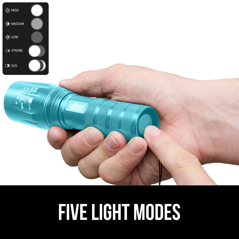 Gorilla Grip LED Tactical Flashlight, 750 FT Zoom, 5 Modes, Water Resistant, Metal, Turquoise, Model 840029670934