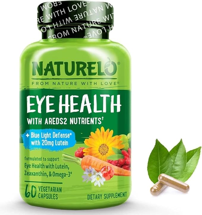 NATURELO Eye Vitamins - AREDS 2 Formula Nutrients with Lutein, Zeaxanthin, Vitamin C, E, Zinc, Plus DHA - Supplement for Dry Eyes, Healthy Vision, Eye Support - 60 Vegan Capsules