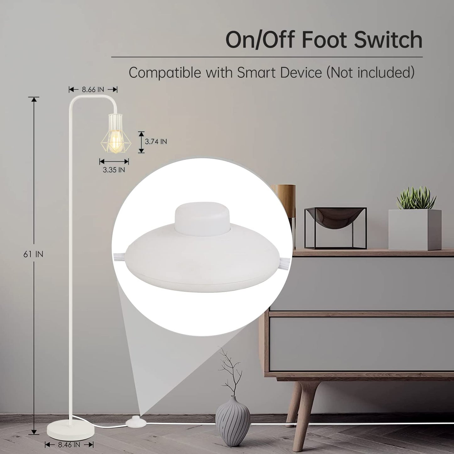 BoostArea Industrial Floor Lamp, 6W Metal Diamond Lamp, E26 Socket, Footswitch, Medium Size, White, Model B1224