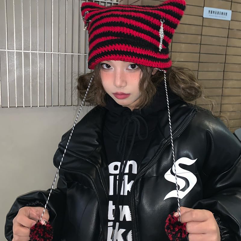 Y2k Beanies Crochet Knitted Cat Hats Goth Cross Devil Hat Striped Alt Emo Accessories Grunge Y2k Aesthetic Clothes (Red,One Size)