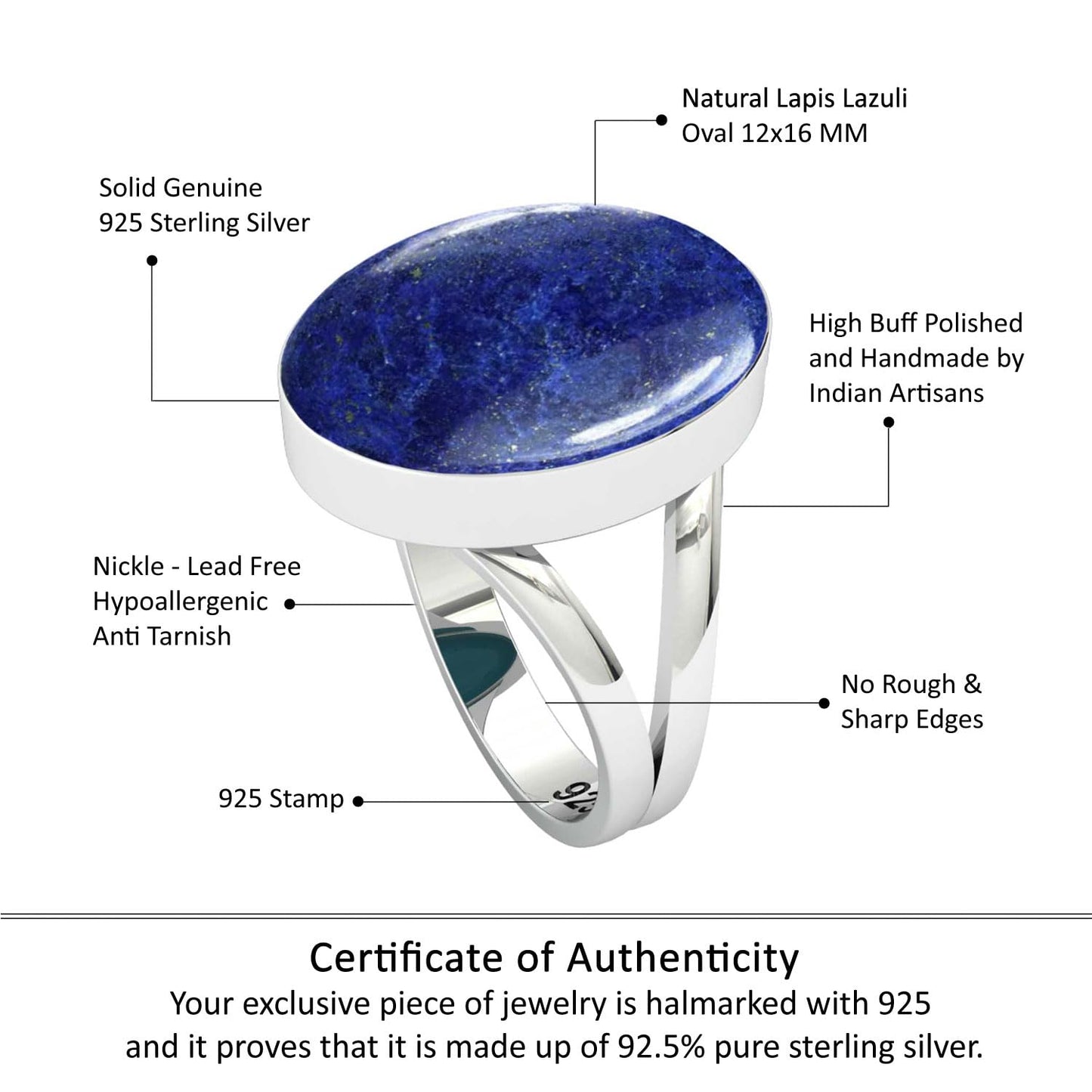 JEWELOPORIUM Blue Lapis Lazuli Silver Ring Size 9, 925 Sterling Silver Ring for Women, Real Chunky Oval Gemstone Handmade Jewelr