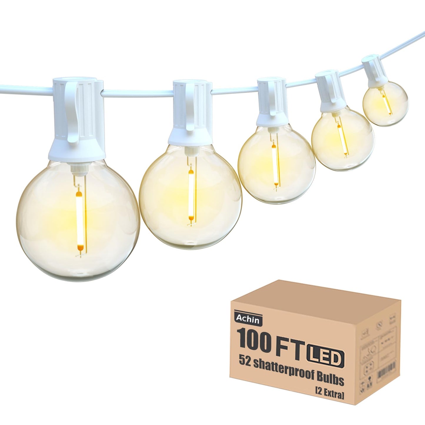 Achin Outdoor String Lights G40 Globe 100FT 50+2 LED Bulbs Waterproof Dimmable White Wire 2700K