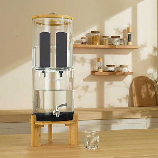 All Glass Water Purifier, Off Grid Home Emergency Water Filtration System - Gravity Fed Black Carbon Filter - 2.25 Gallon Water Filter- with 7 Inch Stand