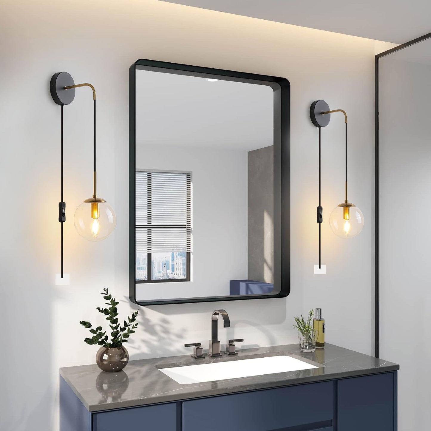 KUZZULL Wall Sconces Set of 2, Black and Brass, Globe Clear Glass Shade, 29in, Plug-in with Cord Switch