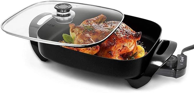 Caynel Professional Non-stick Copper Electric Skillet Jumbo, Deep Dish with Tempered Glass Vented Lid, Upgrade Thermostat, 16”x 12”x 3.15”- 8 quart (16 * 12 Black)