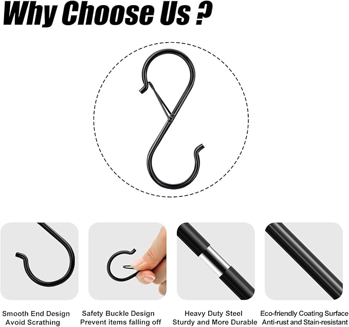 10 Pack S Hooks for Hanging, 3.5 Inch S Hooks Heavy Duty for Hanging Clothes Plants Black S Shaped Hooks with Safety Buckle Pot Rack Closet Hooks for Kitchen Utensil, Pots