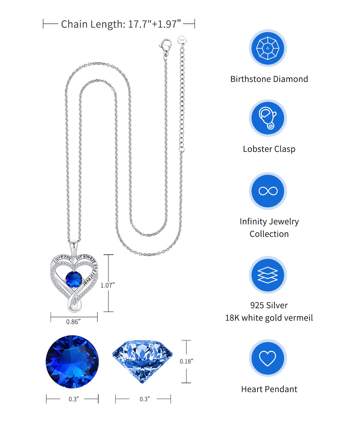 Mkhhy Gifts for Wife Silver Necklace for Women Anniversary Wife Birthday Gift Ideas Infinity Heart Sapphire Birthstone I Love Yo