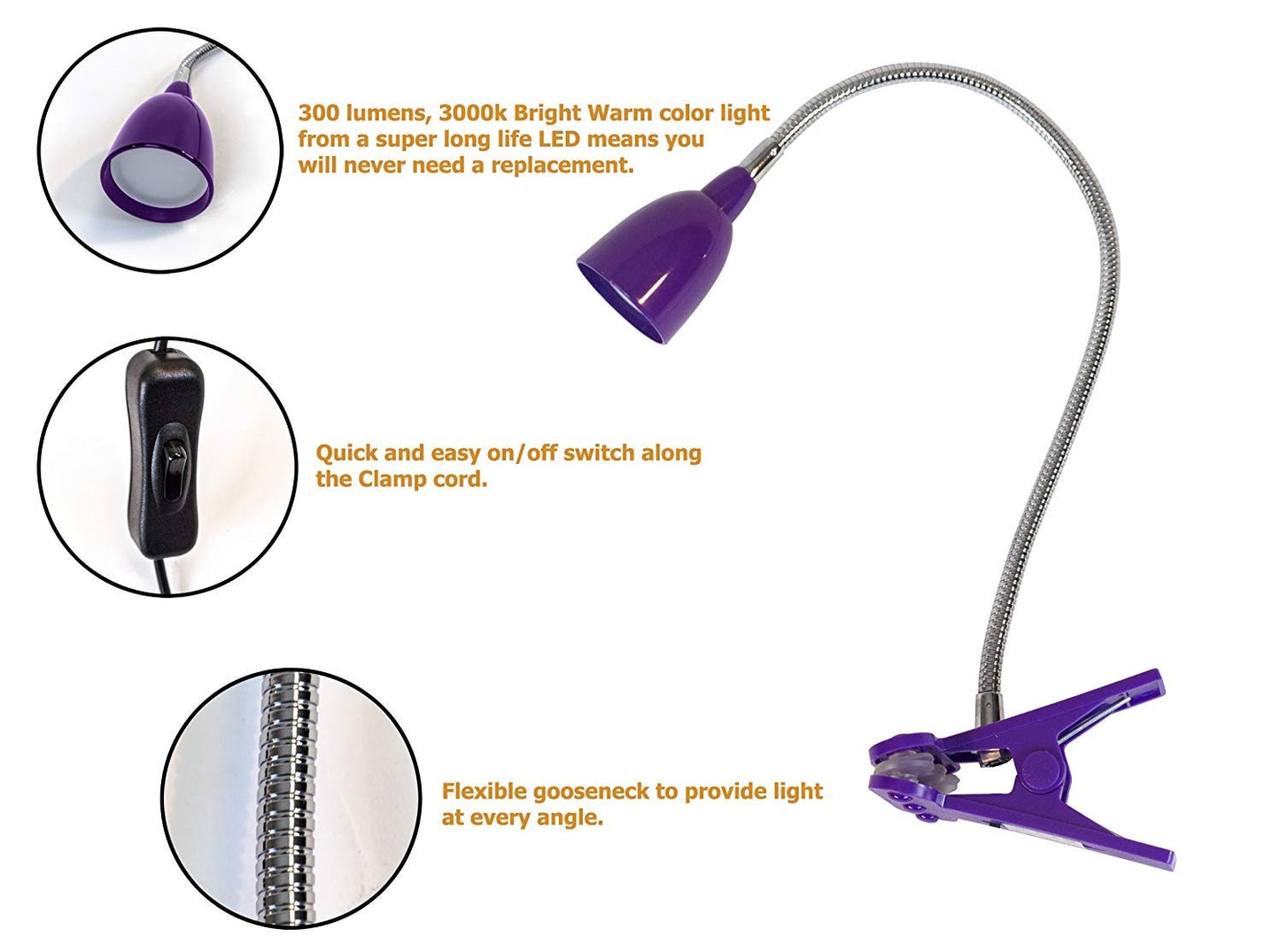 Newhouse Lighting Led Clip-On Light, Purple Clamp Lamp For Desk & Bed, Model Nhclp-Led-Pur, Ideal For Reading & Office Use