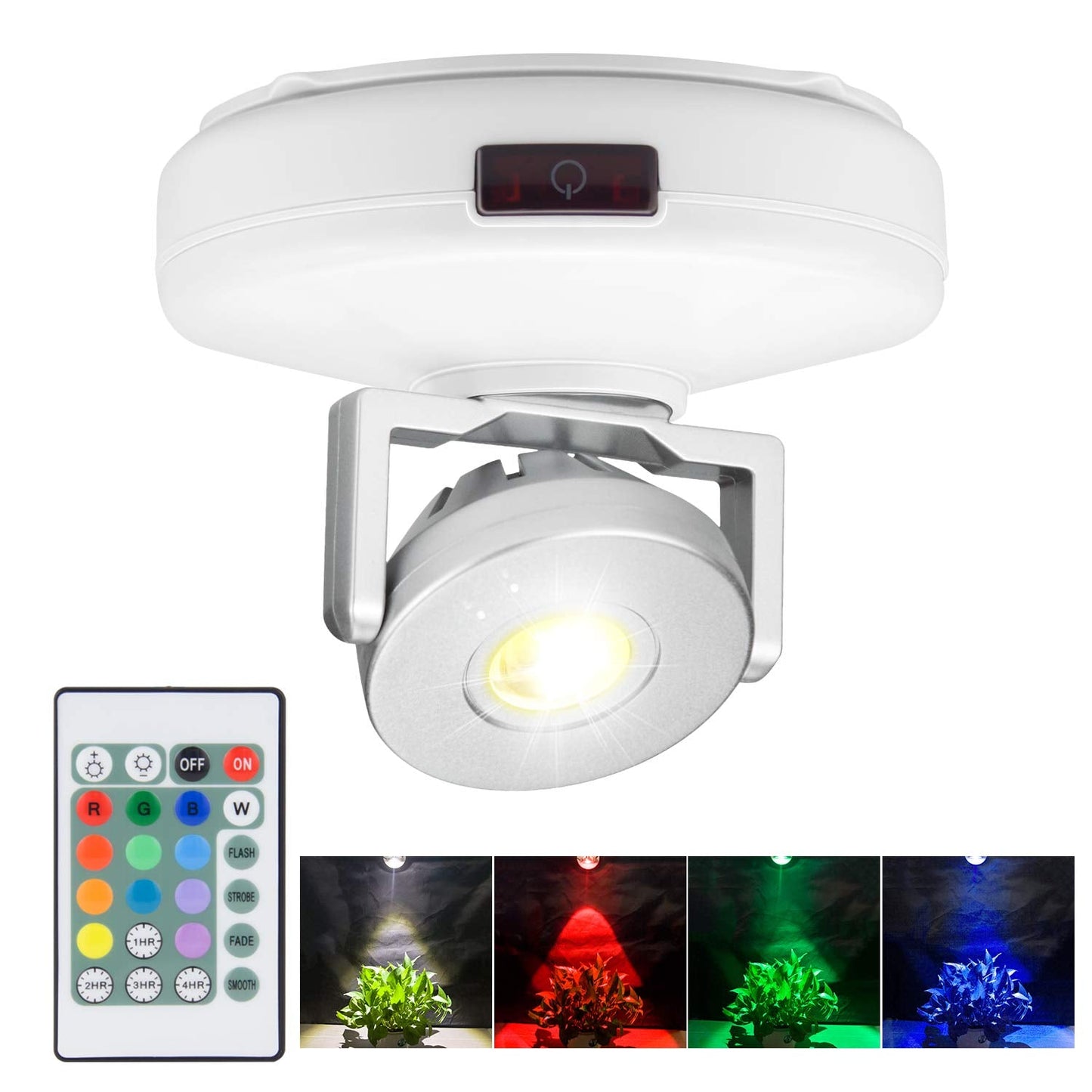 BIGMONAT Battery Operated LED Spotlight, Wireless Accent Lighting, Dimmable, Remote Control, Silver+White, Model B748IR12C