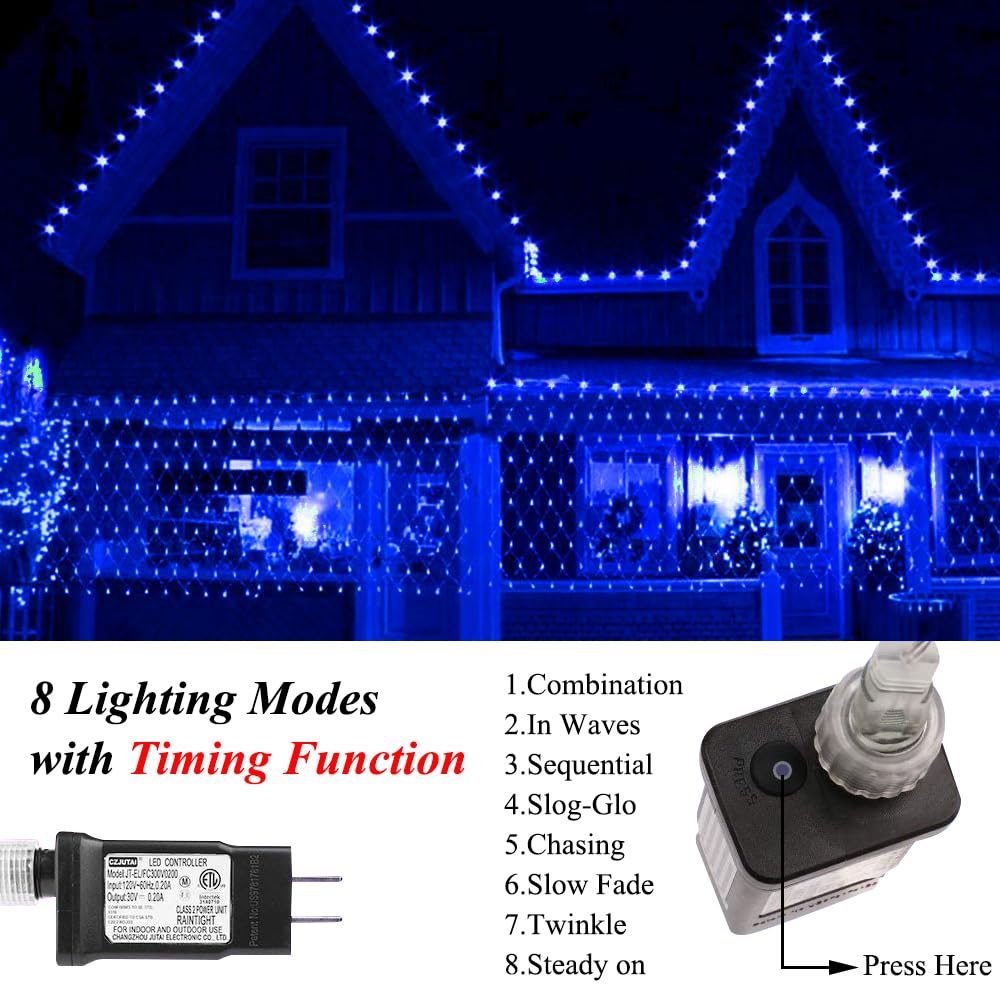 Vicila Net Light Christmas Lights Blue  240Led Timer Tree Mesh Lights Outdoor Plug In Hanging String Lights For Xmas  Halloween  Garden  Walkway  Bushes Decor-9.8Ft X 6.6Ft(Blue)