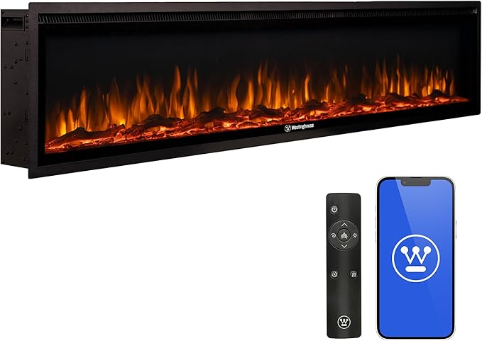 Westinghouse 74 Inch Electric Fireplace Heater, Compatible with Alexa & Google Home, Wall Mount or in-Wall Recessed Fireplace Insert, 24 Hour Timer, Color Changing Flames, 750W/1500W Indoor Heater