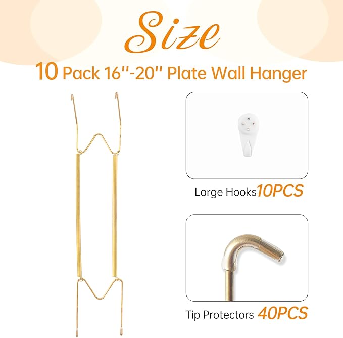 Bilillo 10 Pieces Plate Hangers for The Wall, Suitable for 16-20 inch Art Plate, Stainless Steel Invisible Heavy Duty Wire Plate Holder with 10 Pieces Wall Hooks, Plate Hangers for Displaying Plates