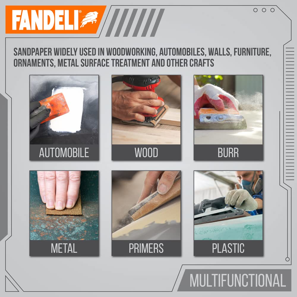 Fandeli | Multi-Purpose Sandpaper | 220 Grit | 50 Sheets of 9'' x 11'' | Ideal for Metal and Wood Sandpaper | Wall Sandpaper | Hand Sanding | Orbital Sanders.