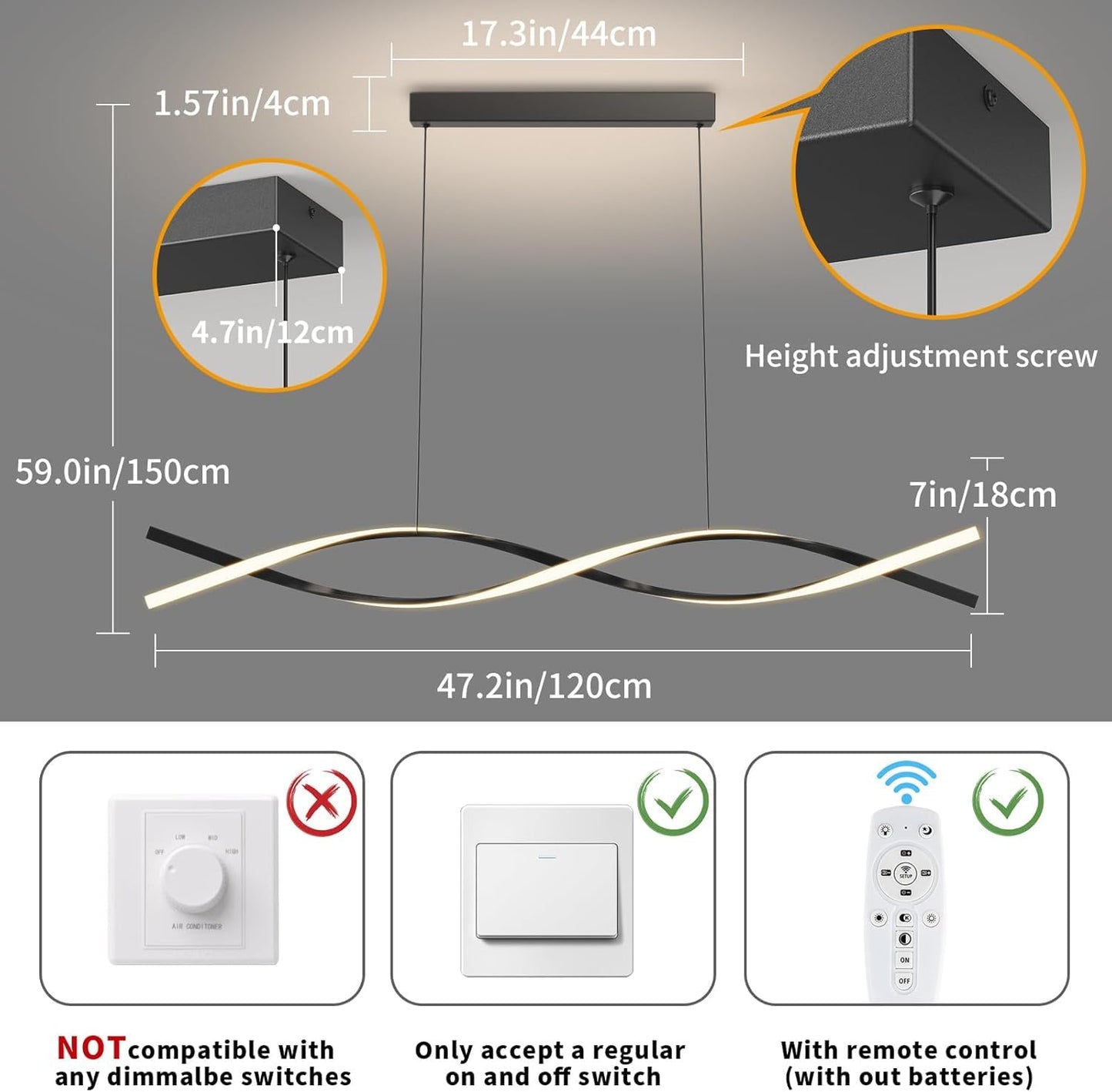 Zihoi Modern Kitchen Island Pendant Lights  47In Led Chandelier Fixture Dimmable 3000K-6000K Color  Aluminum Island Lighting Lamp For Dining Room  Billiard Room