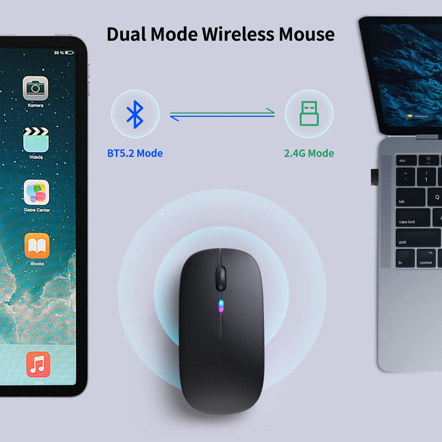 KANMABPC Wireless Bluetooth Mouse – Rechargeable, Silent, Dual Mode (Bluetooth 5.2 & USB) with LED Lights – Portable for Laptop, Desktop, & Tablet(Black)