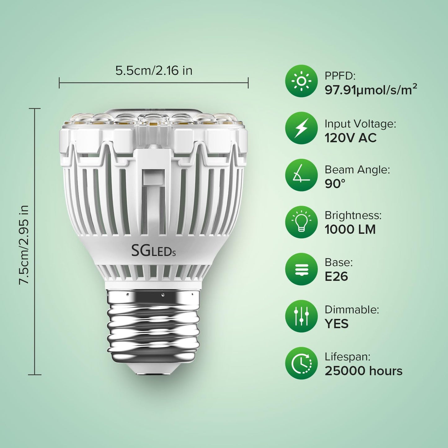 SGLEDs Dimmable Grow Light Bulb, Full Spectrum, 10W PAR20, Remote Control, Auto On/Off, White, C21GL-GE26-10W