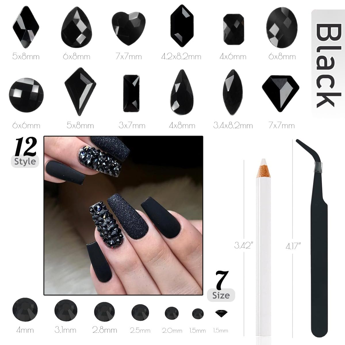 qiipii 4080Pcs Black Nail Rhinestones Crystal Flatback Jet Black Rhinestones Round Beads Glass Gems Stones Nail Art Gems Diamond