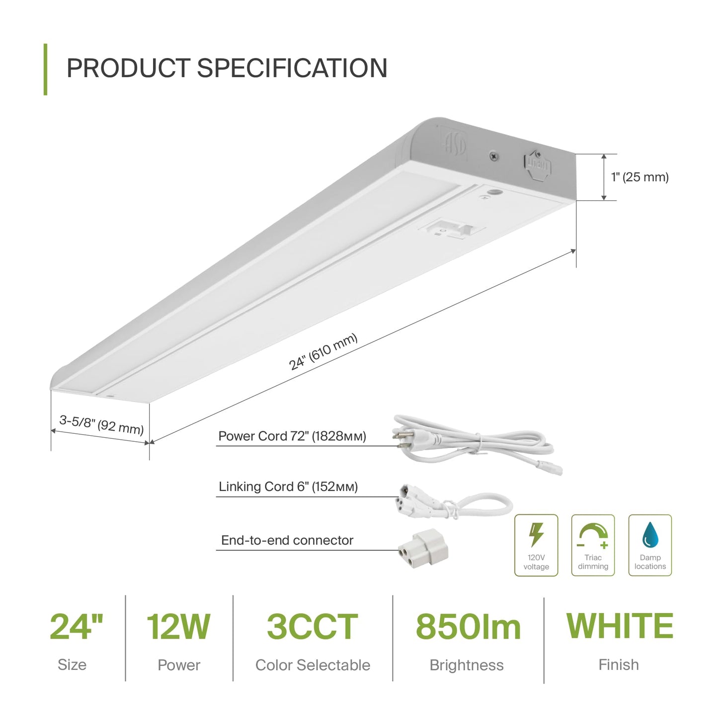 Asd Swivel Led Under Cabinet Lighting  24 Inch 12W  Hardwired Or Plug-In  2700K/3000K/4000K  Hi/Low Switch  Rotatable Lens  Dimmable Linkable Under Counter Light For Kitchen  Etl & Energy Star