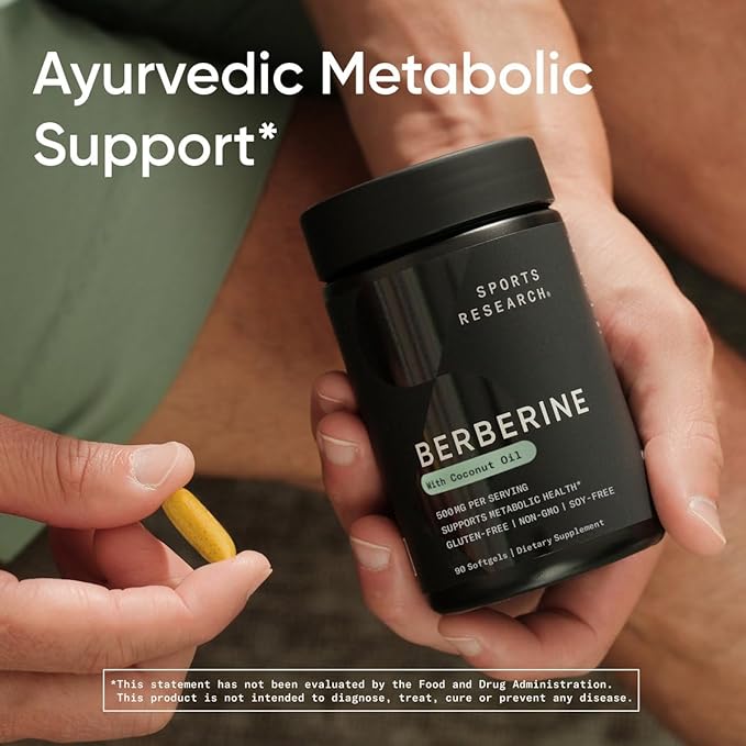 Sports Research Berberine Supplement with Coconut Oil - Herbal & Ayurvedic Metabolic Health Support - Berberine 500mg, 90 Softgels - Gluten-Free, Non-GMO Berberine Powder