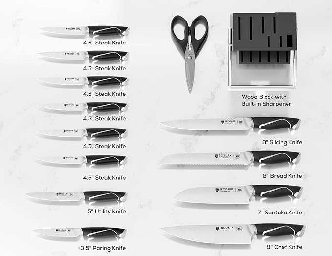 BRODARK Kitchen Knife Sets with Block and Built-in Sharpener - 15 Pcs Full Tang Professional Chef Knife Set - NSF Certified Food Grade Stainless Steel Cutlery Set - Eclipse Series