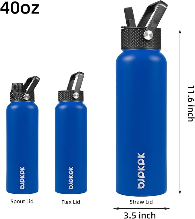 BJPKPK Insulated Water Bottles with Straw Lid, 40oz Stainless Steel Water Bottles with 3 Lids, BPA Free Leakproof Thermo, Tumblers, Cups for Sports, Gym- Sapphire