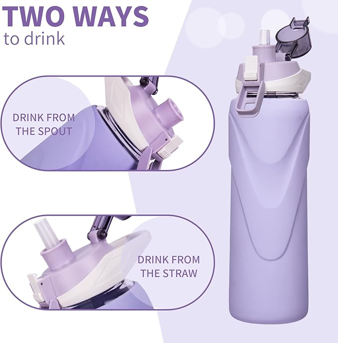 32 oz Sports Glass Water Bottle with Straw & Silicone Sleeve Reusable BPA-free Borosilicate Glass Drinking Bottle with Flip Top Lid & Handle Wide Mouth (Light Violet)