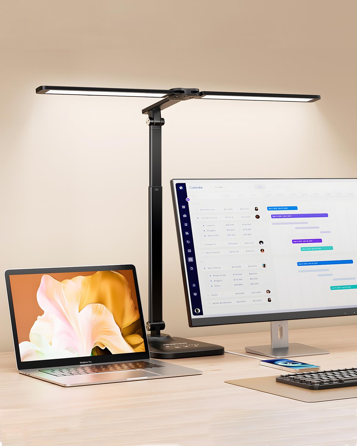 CHARYJOD LED Desk Lamp, Height Adjustable, Stepless Dimming, Aluminum, Black, Model JB007