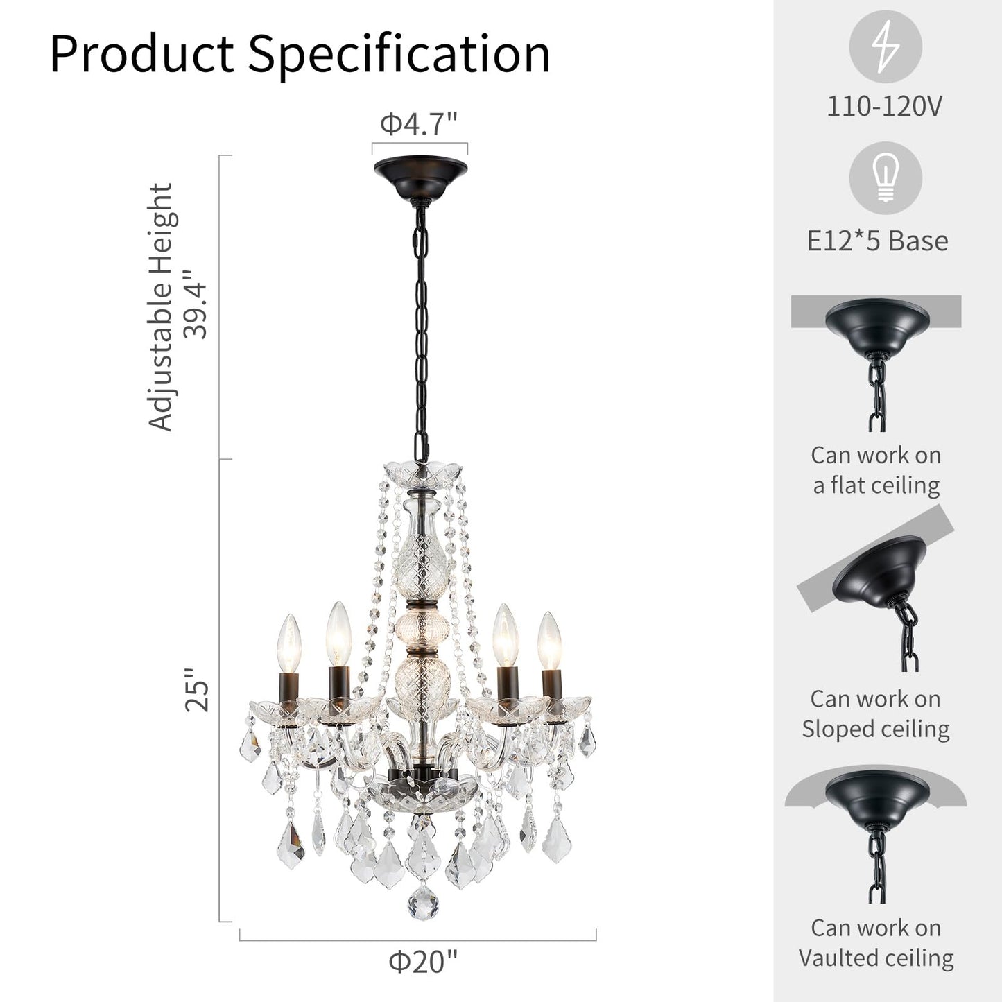 Wuzups Crystal 5-Light Candle Chandelier Pendant Flushmount Ceiling Light Modern Lighting Fixture For Bedroom Hallway Bar Kitchen Bathroom  H 25 X W 20  Black  E12 Base