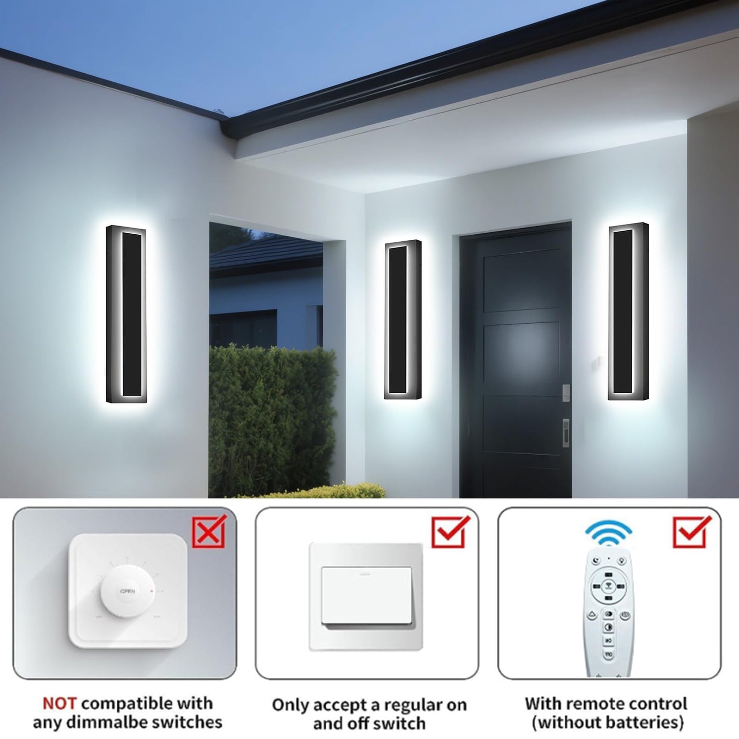 Picico 2Pcs 24In Modern Led Outdoor Wall Lights  Dimmable Black Exterior Wall Sconce Lighting Fixtures  Rectangular Mini Outdoor Garage Lights  360 Beam Angle Vertical Outdoor Lights For House Porch