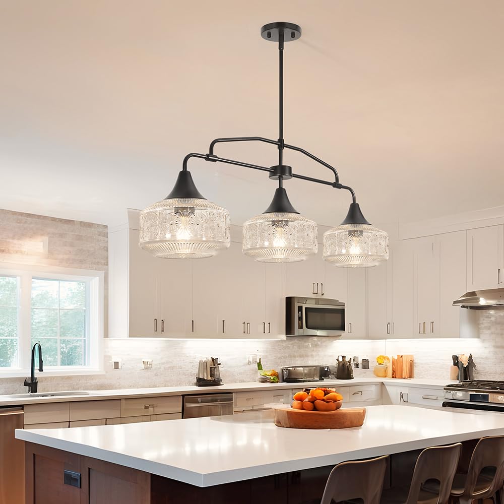 Farmhouse Kitchen Island Lighting  Black 3-Light Island Light For Kitchen  Adjustable Dining Room Light Fixture Over Table  Linear Chandelier Pendant Lighting With Clear Glass For Living Room Sink