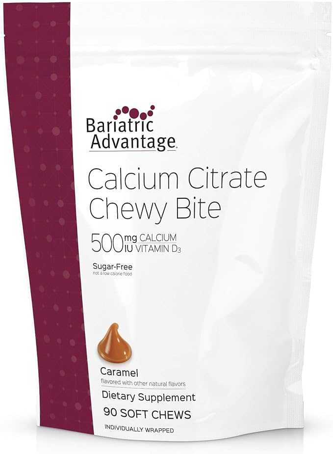 Bariatric Advantage Calcium Citrate Chewy Bites 500 mg - for Bariatric Surgery Patients - Vitamin D3 - Sugar-Free Chewable Calcium Supplement - Bariatric Chews - Caramel Flavor - 90 Count